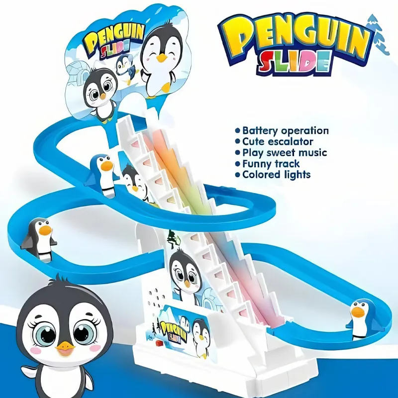 Penguin Slide Electric Escalator, Penguin Chasing Race Track Game Set, 3 Penguin  , LED Flashing Lights & Music Button, Penguin Stair Climbing Toy (867-13)